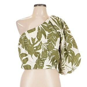 Abercrombie & Fitch Green Leaf Print One-Shoulder Crop Top